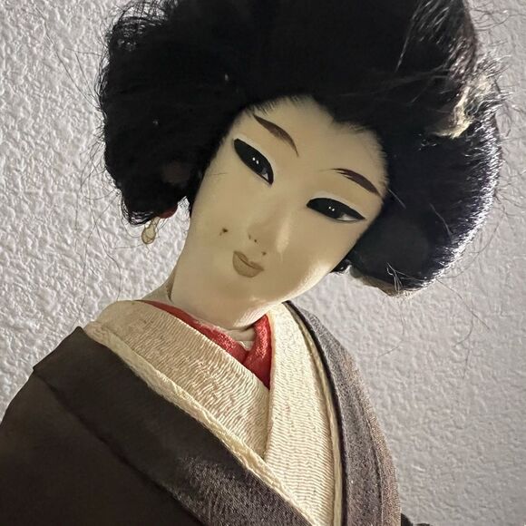 Vintage Geisha Doll Japanese Red Yellow Obi Sash Brown Tan Kimono 15.5” 70’s EUC - Picture 2 of 9
